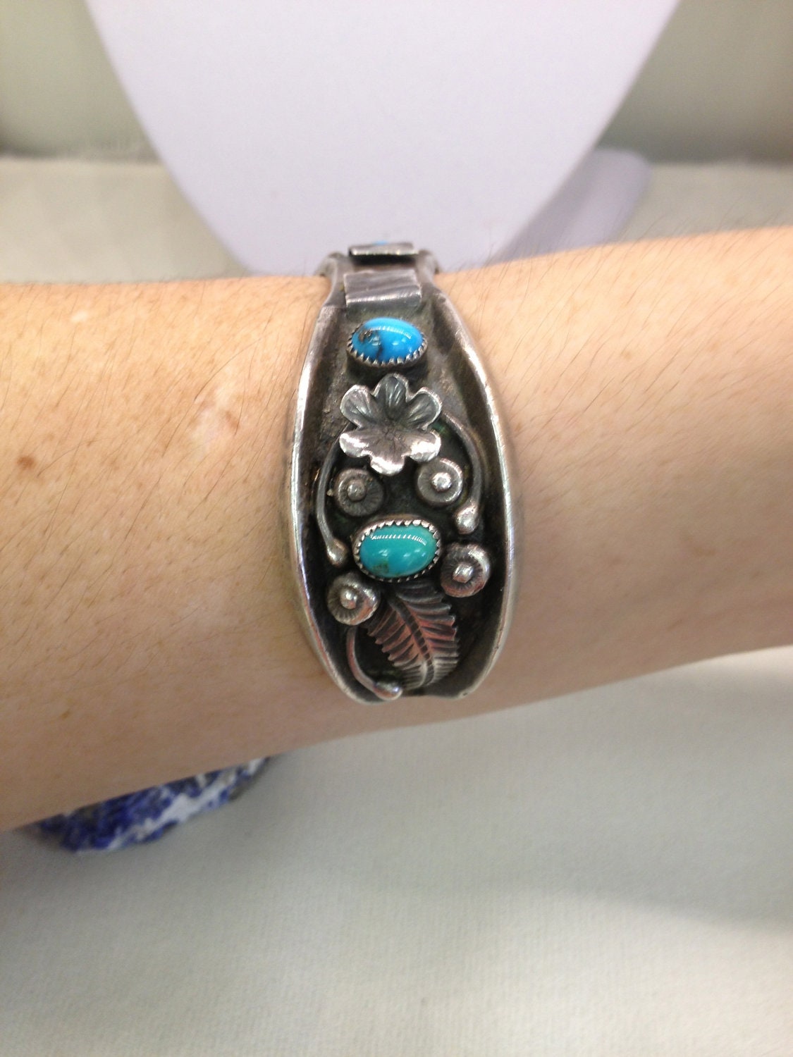 Antique Cast Native American Heavy Cuff Watch Bracelet Bezel Set with Turquoise