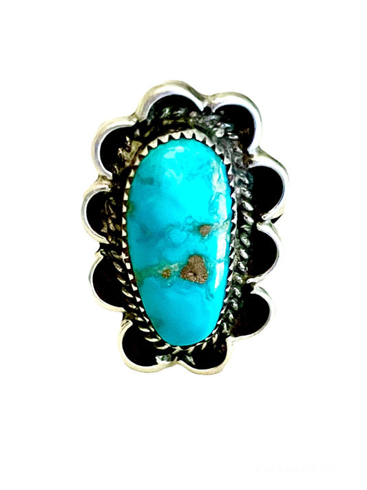 Vintage Native American Large Turquoise Gemstone Flower Sterling Silver Ring