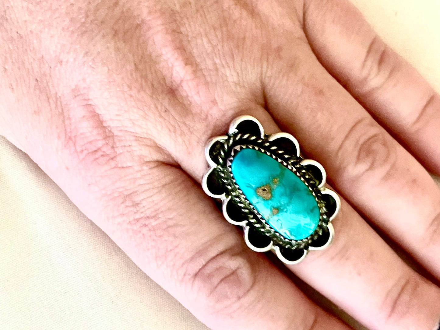 Vintage Native American Large Turquoise Gemstone Flower Sterling Silver Ring