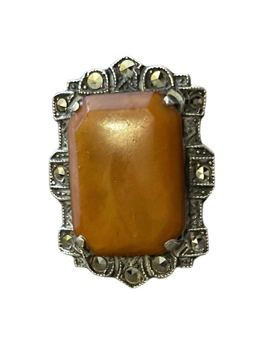 Antique Butterscotch Amber & Marcasite Sterling Silver Art Nouveau Ring