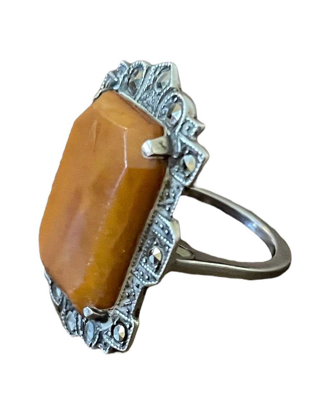 Antique Butterscotch Amber & Marcasite Sterling Silver Art Nouveau Ring