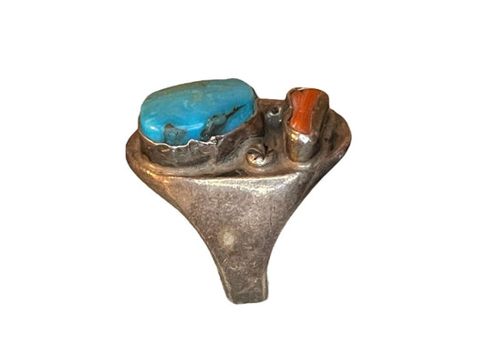 Vintage Native American Turquoise & Red Coral Chunky Sterling Silver Ring