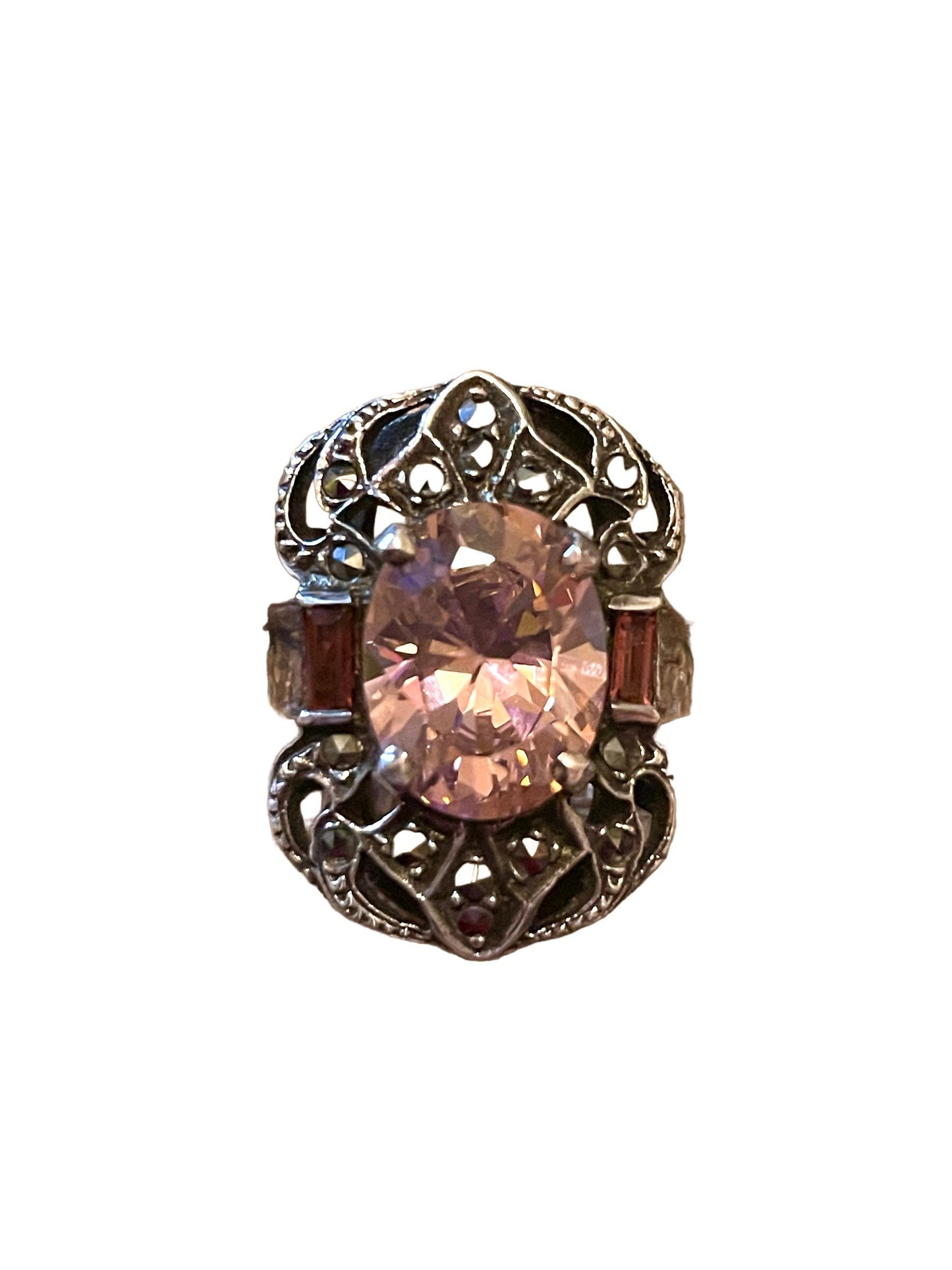 Pink Topaz & Garnet Sterling Silver Art Deco Ring with Marcasite