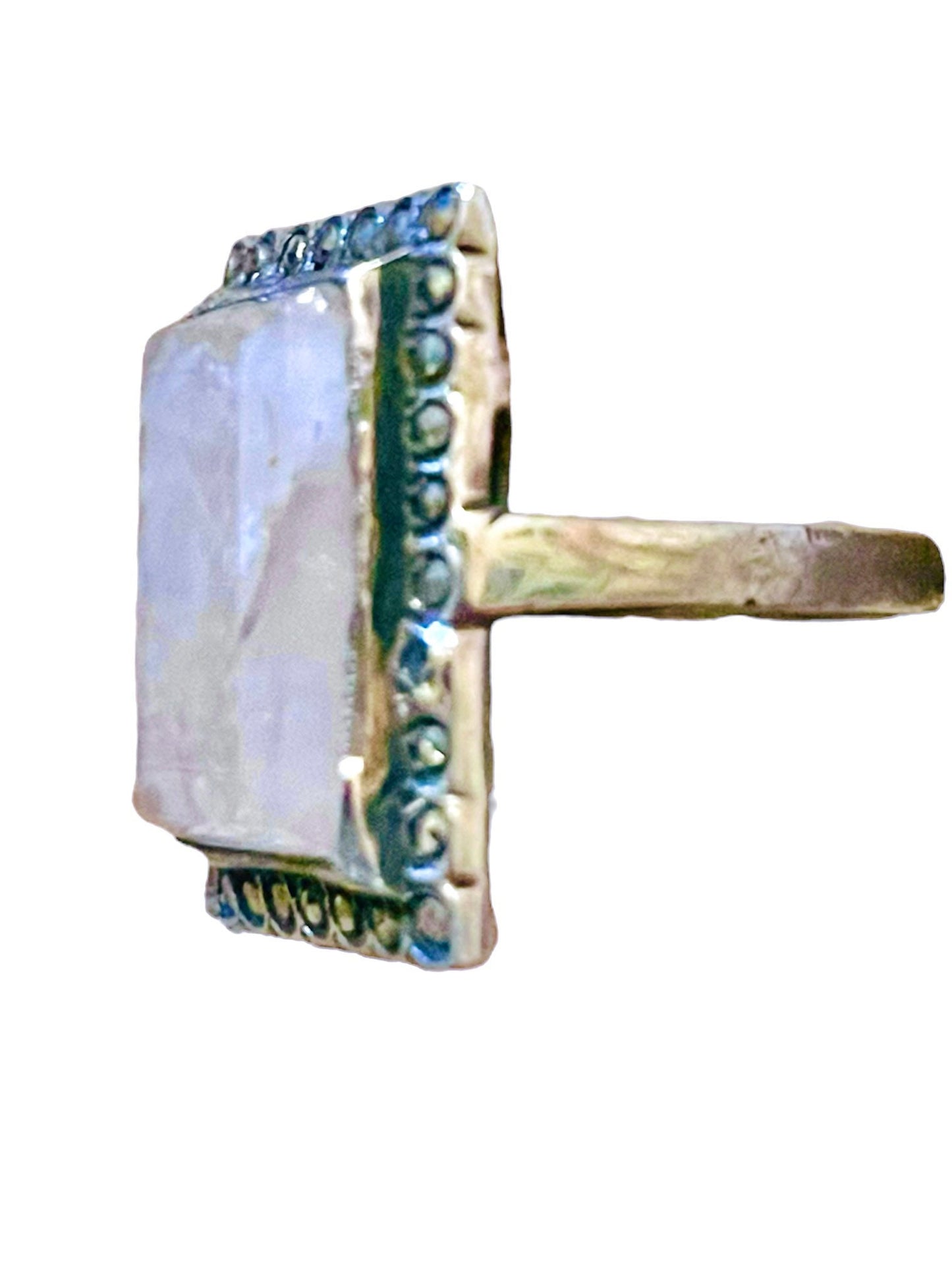 Rose Quartz & Marcasite Art Deco Sterling Silver Square Ring