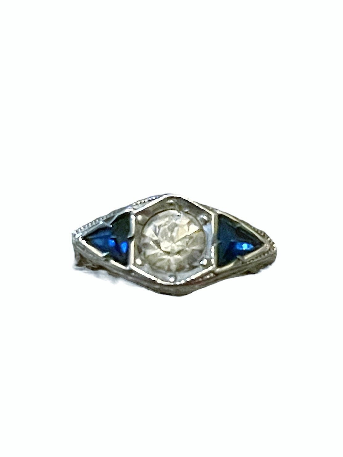 Art Nouveau Saphire & Topaz Filigree Sterling Silver Engagement Ring