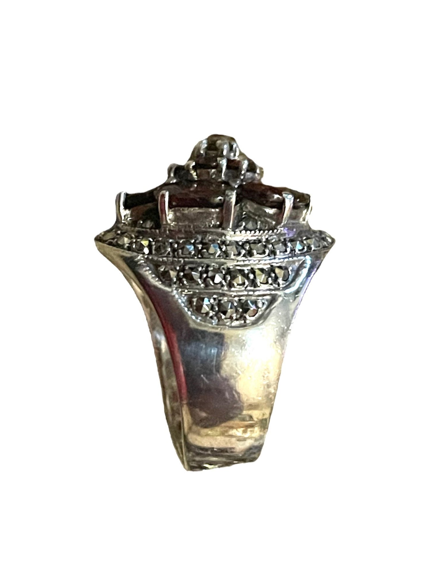 Garnet & Marcasite 11 Multi-stone Daisy Flower Sterling Silver Art Deco Ring