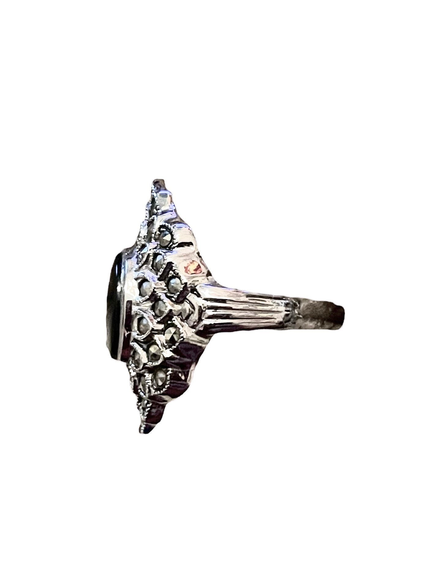 Black Onyx & Marcasite Gothic Mourning Sterling Silver Art Deco Ring