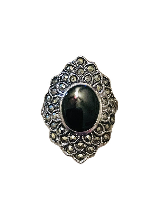 Black Onyx & Marcasite Gothic Mourning Sterling Silver Art Deco Ring