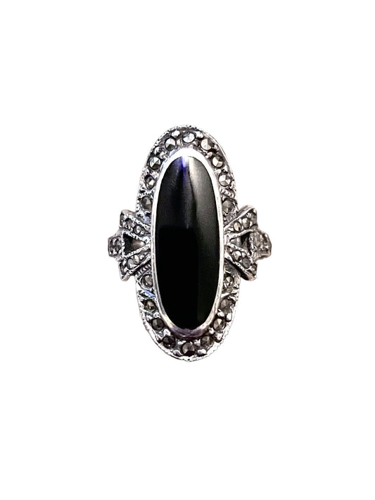 Black Onyx & Marcasite Bezel Set Sterling Silver Oval Art Deco Ring