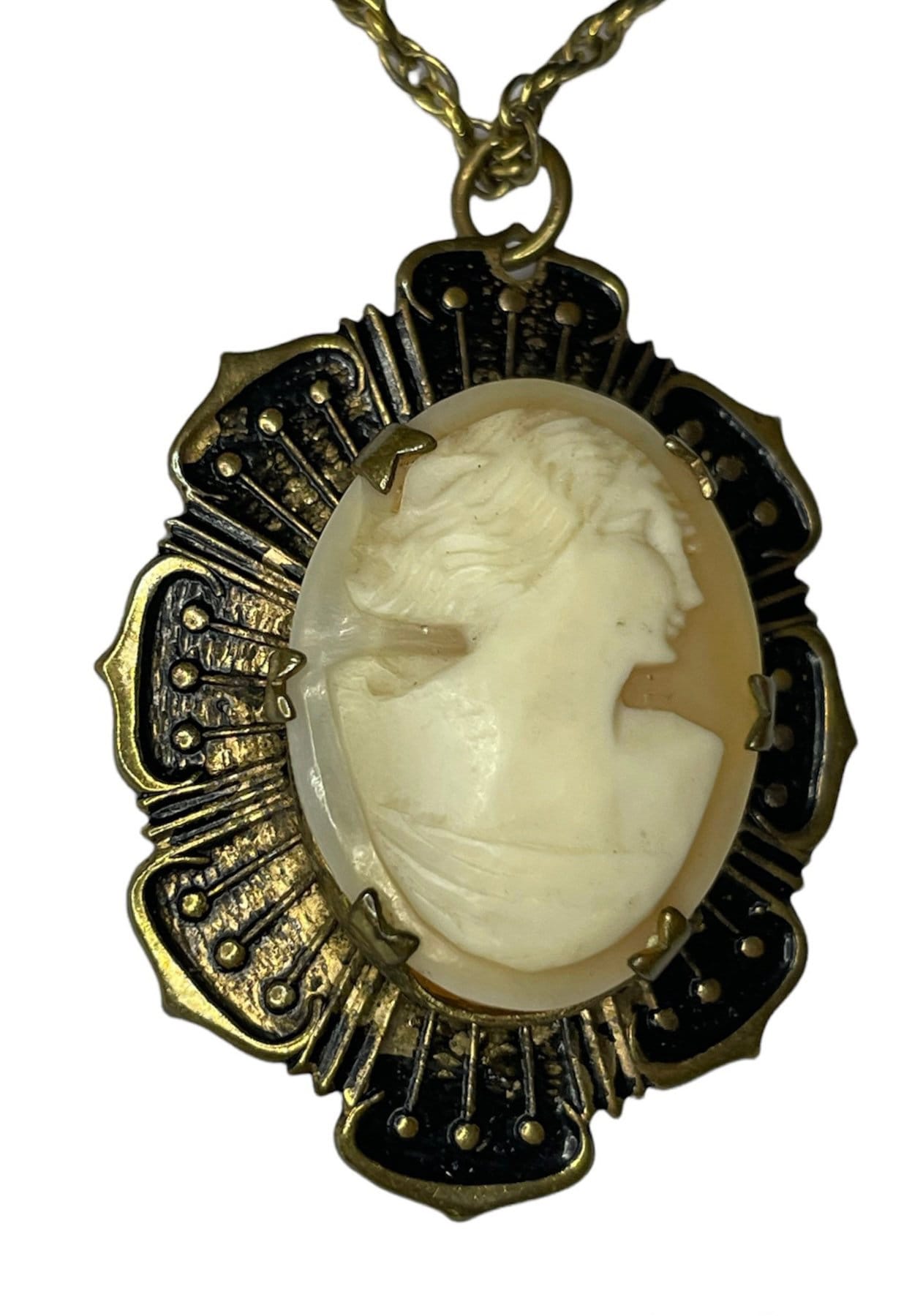 Victorian Carved Shell Cameo Gilded Locket Necklace