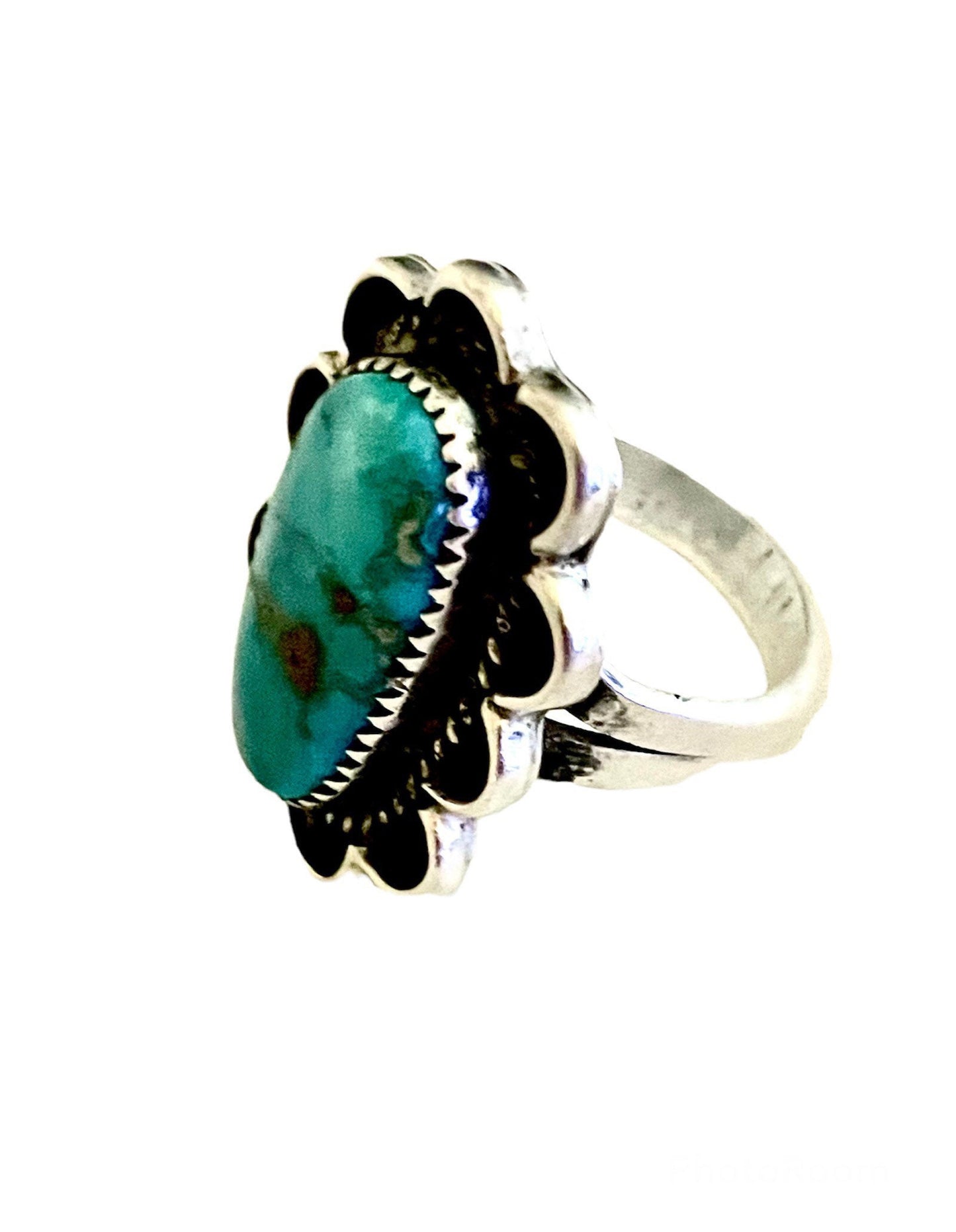 Vintage Native American Large Turquoise Gemstone Flower Sterling Silver Ring