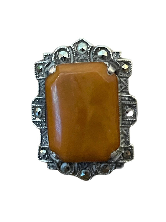 Antique Butterscotch Amber & Marcasite Sterling Silver Art Nouveau Ring