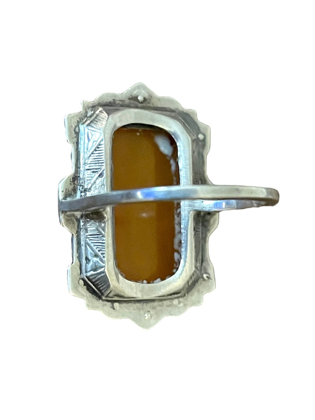 Antique Butterscotch Amber & Marcasite Sterling Silver Art Nouveau Ring