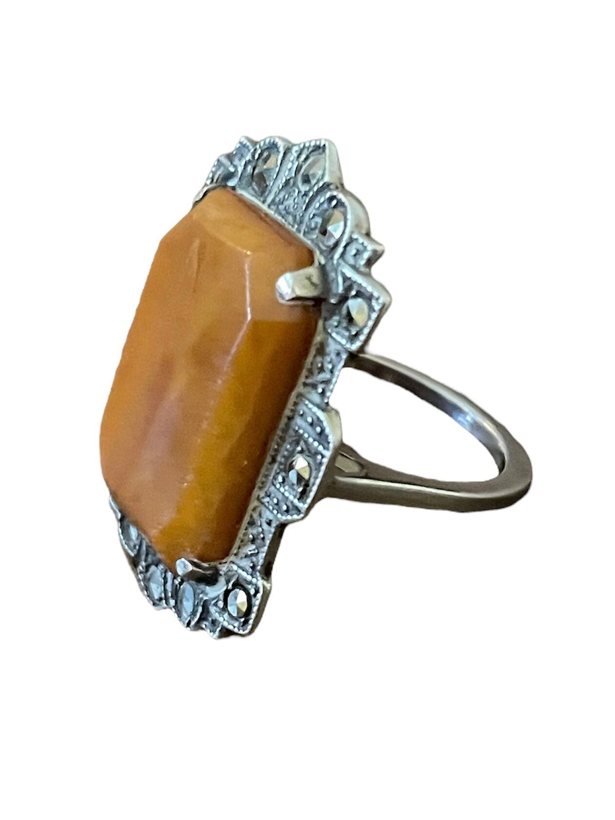 Antique Butterscotch Amber & Marcasite Sterling Silver Art Nouveau Ring