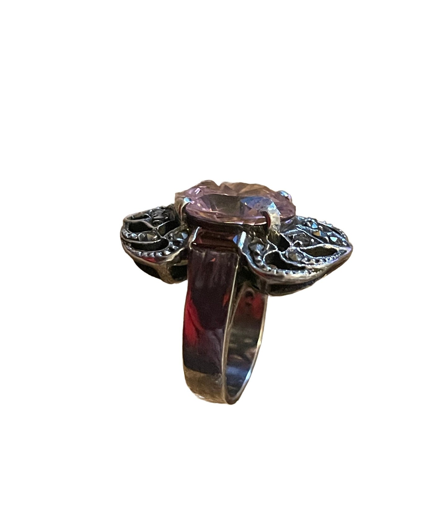 Pink Topaz & Garnet Sterling Silver Art Deco Ring with Marcasite