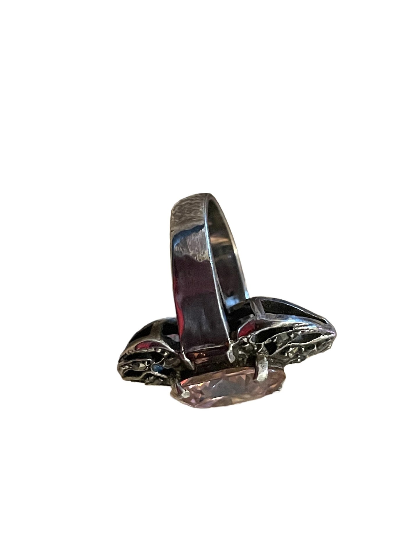 Pink Topaz & Garnet Sterling Silver Art Deco Ring with Marcasite