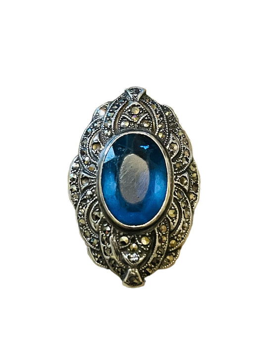 Art Deco Blue Topaz & Marcasite Sterling Silver Ring Uncas Mfg. Co. c.1920