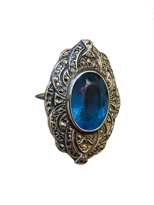 Art Deco Blue Topaz & Marcasite Sterling Silver Ring Uncas Mfg. Co. c.1920
