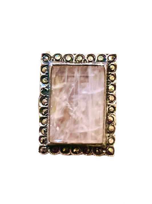 Rose Quartz & Marcasite Art Deco Sterling Silver Square Ring
