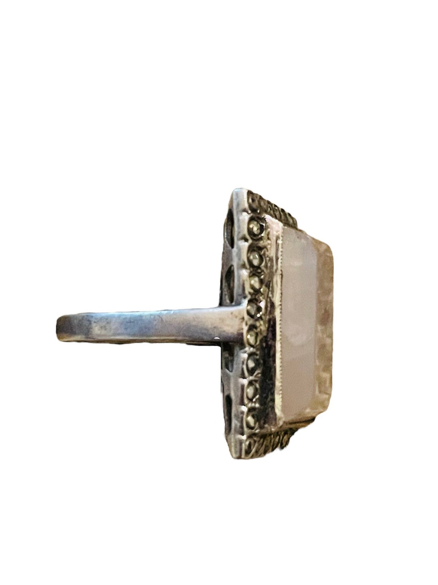 Rose Quartz & Marcasite Art Deco Sterling Silver Square Ring