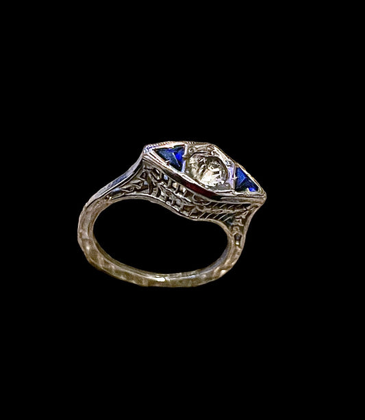Art Nouveau Saphire & Topaz Filigree Sterling Silver Engagement Ring
