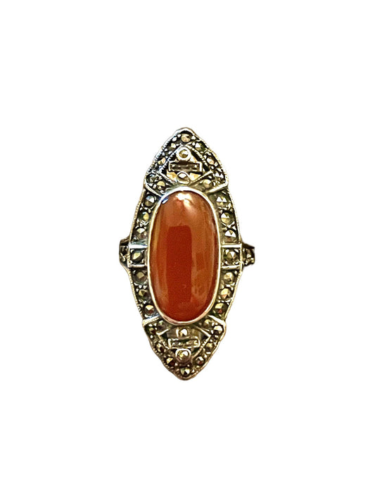 Carnelian & Marcasite Art Deco Sterling Silver and Marcasite Ring