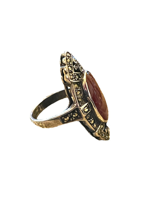 Carnelian & Marcasite Art Deco Sterling Silver and Marcasite Ring