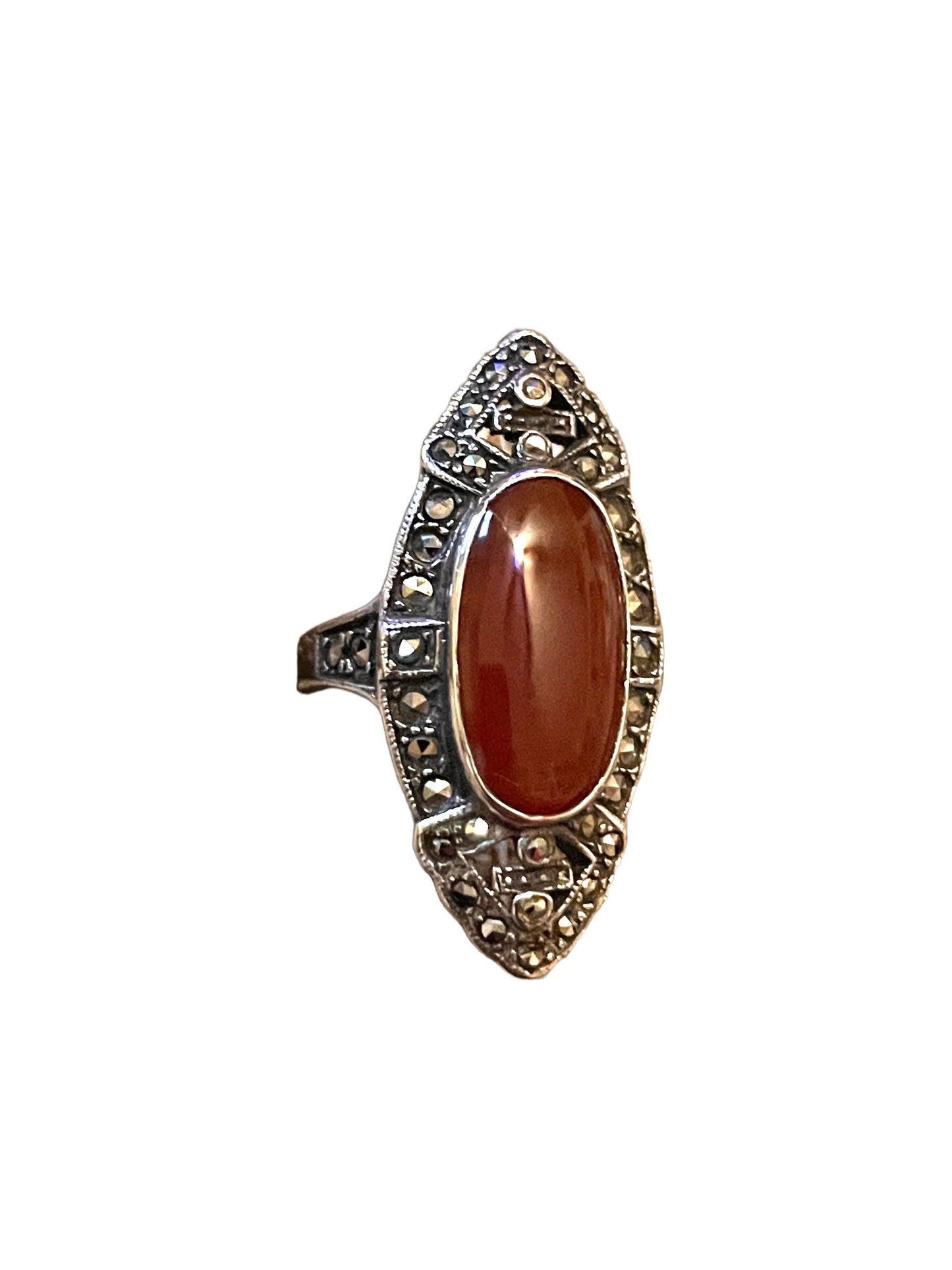 Carnelian & Marcasite Art Deco Sterling Silver and Marcasite Ring