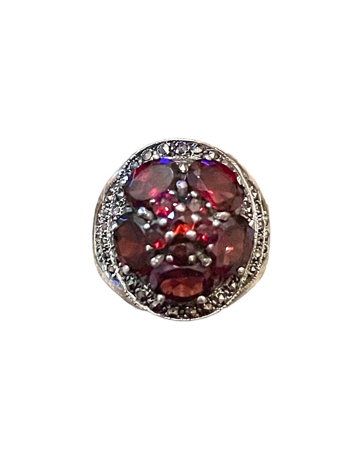 Garnet & Marcasite 11 Multi-stone Daisy Flower Sterling Silver Art Deco Ring
