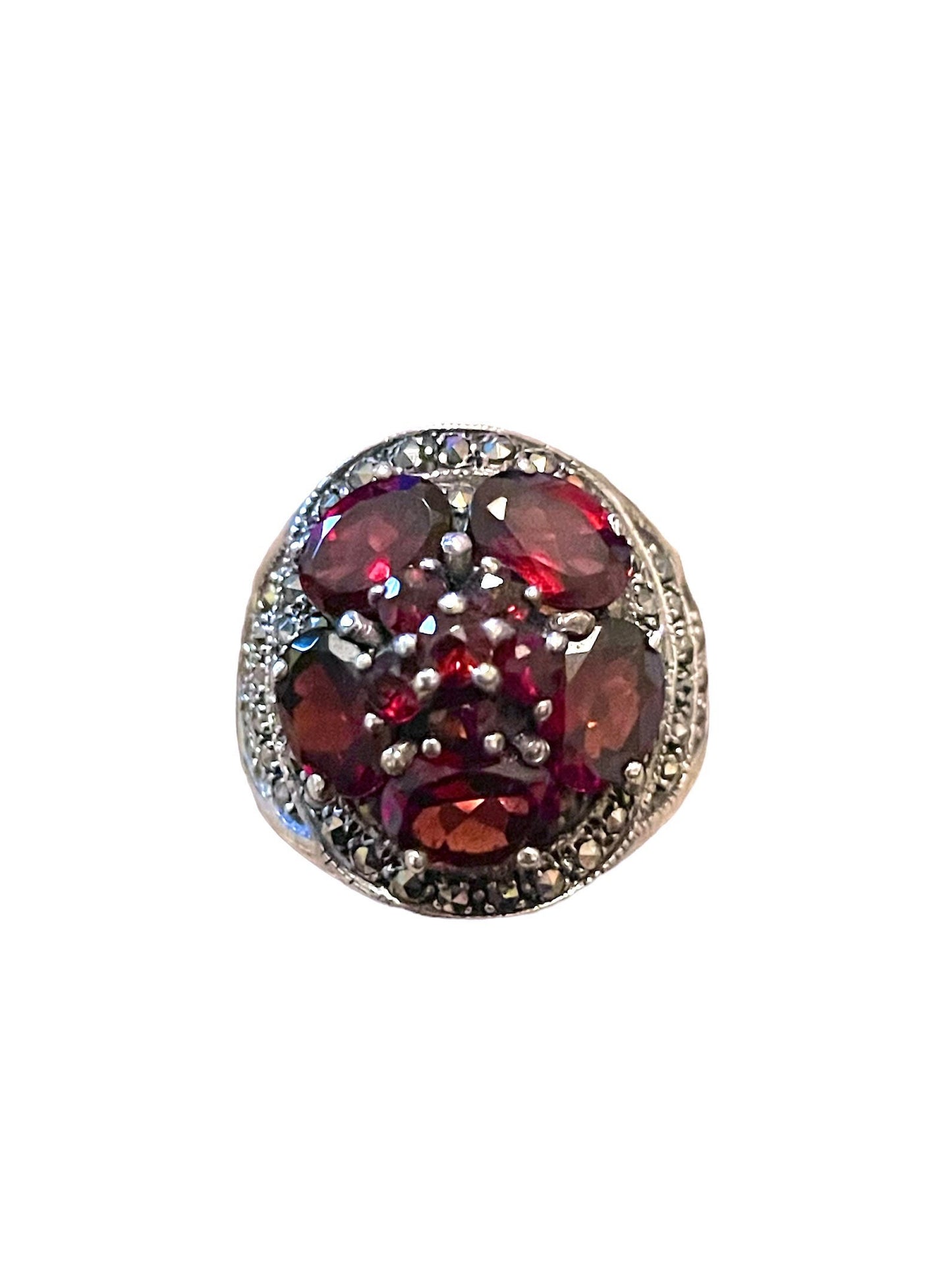 Garnet & Marcasite 11 Multi-stone Daisy Flower Sterling Silver Art Deco Ring