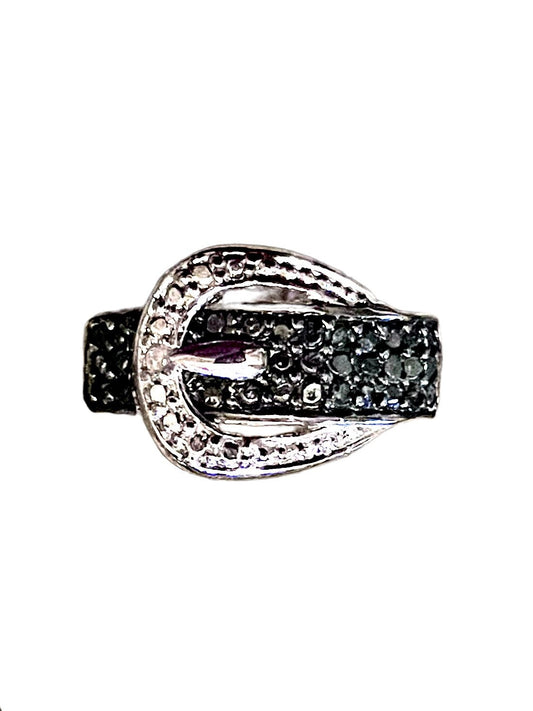 Black & White Diamond DeBeers Sterling Silver Belt Buckle Ring