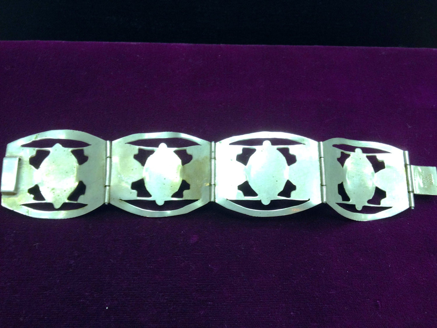 Sterling Silver Mexican Taxco Green Chrysoprase Art  & Craft Panel Link Bracelet