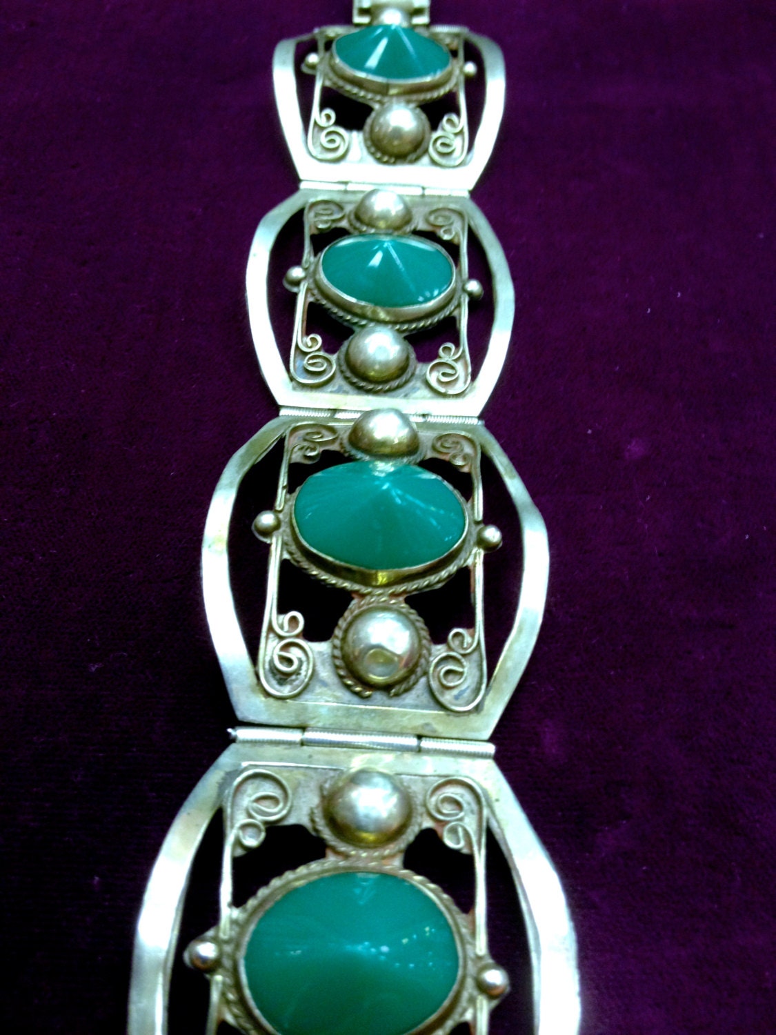 Sterling Silver Mexican Taxco Green Chrysoprase Art  & Craft Panel Link Bracelet