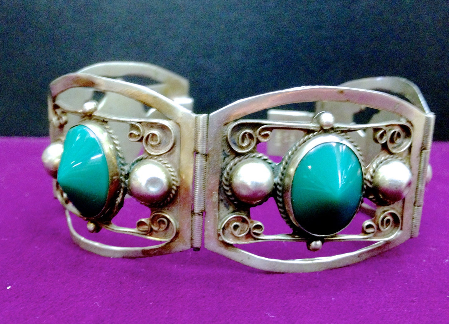 Sterling Silver Mexican Taxco Green Chrysoprase Art  & Craft Panel Link Bracelet