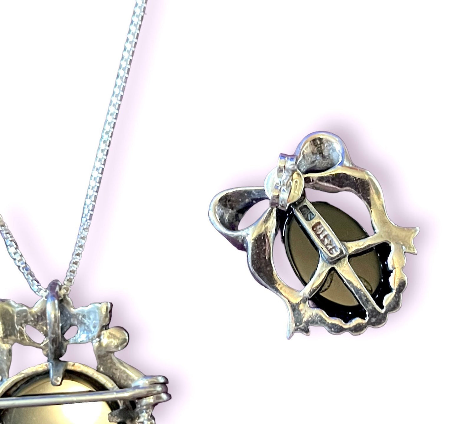 Sterling Silver, Marcasite, Onyx & Mother of Pearl Cameo Necklace, Brooch and Earring Set