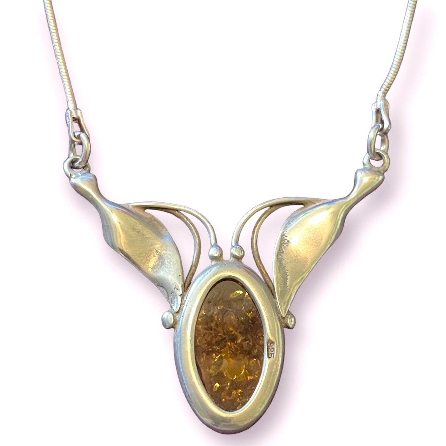 Baltic Amber Sterling Silver Leaf Detail Necklace