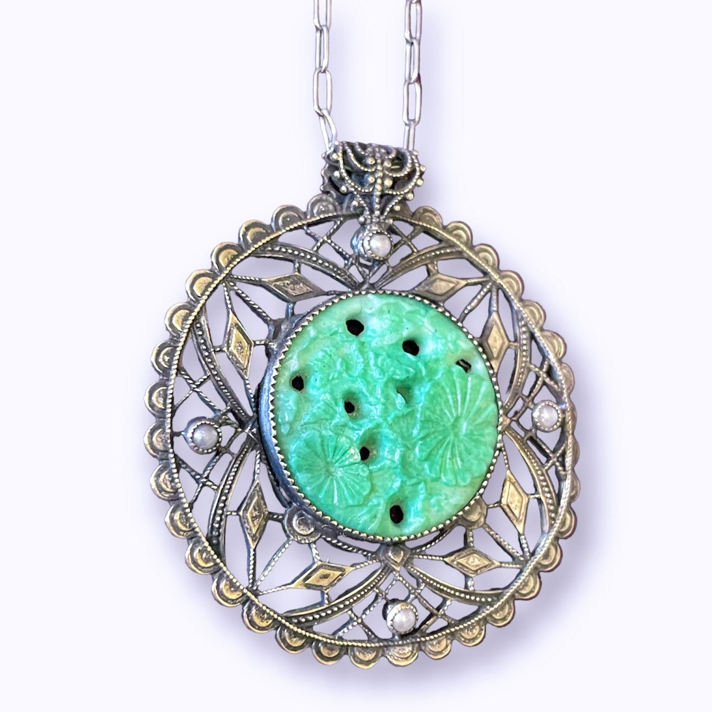 Antique Sterling Silver Filigree, Pearl & Molded Jade Peking Glass Pendant Necklace