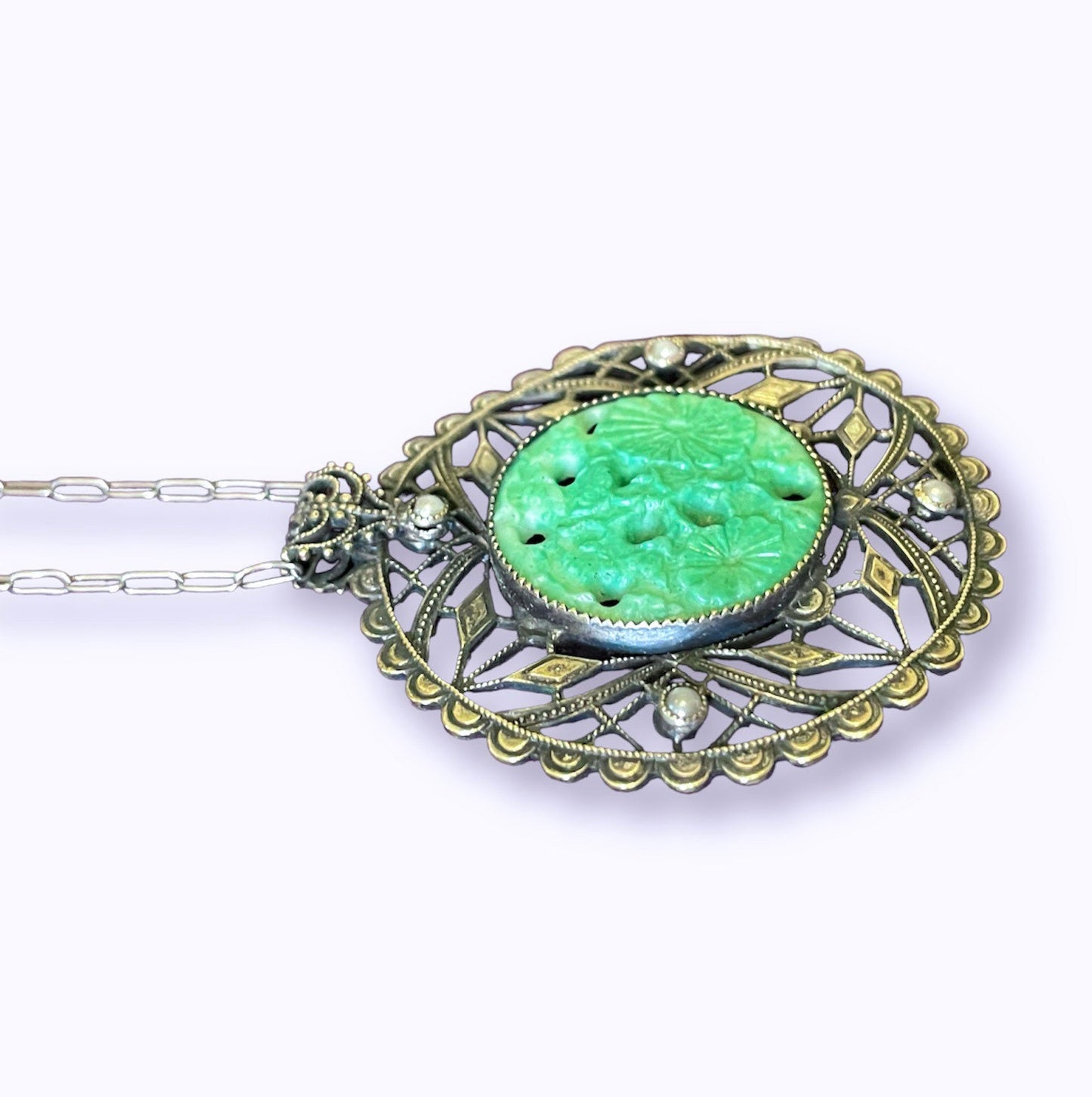 Antique Sterling Silver Filigree, Pearl & Molded Jade Peking Glass Pendant Necklace