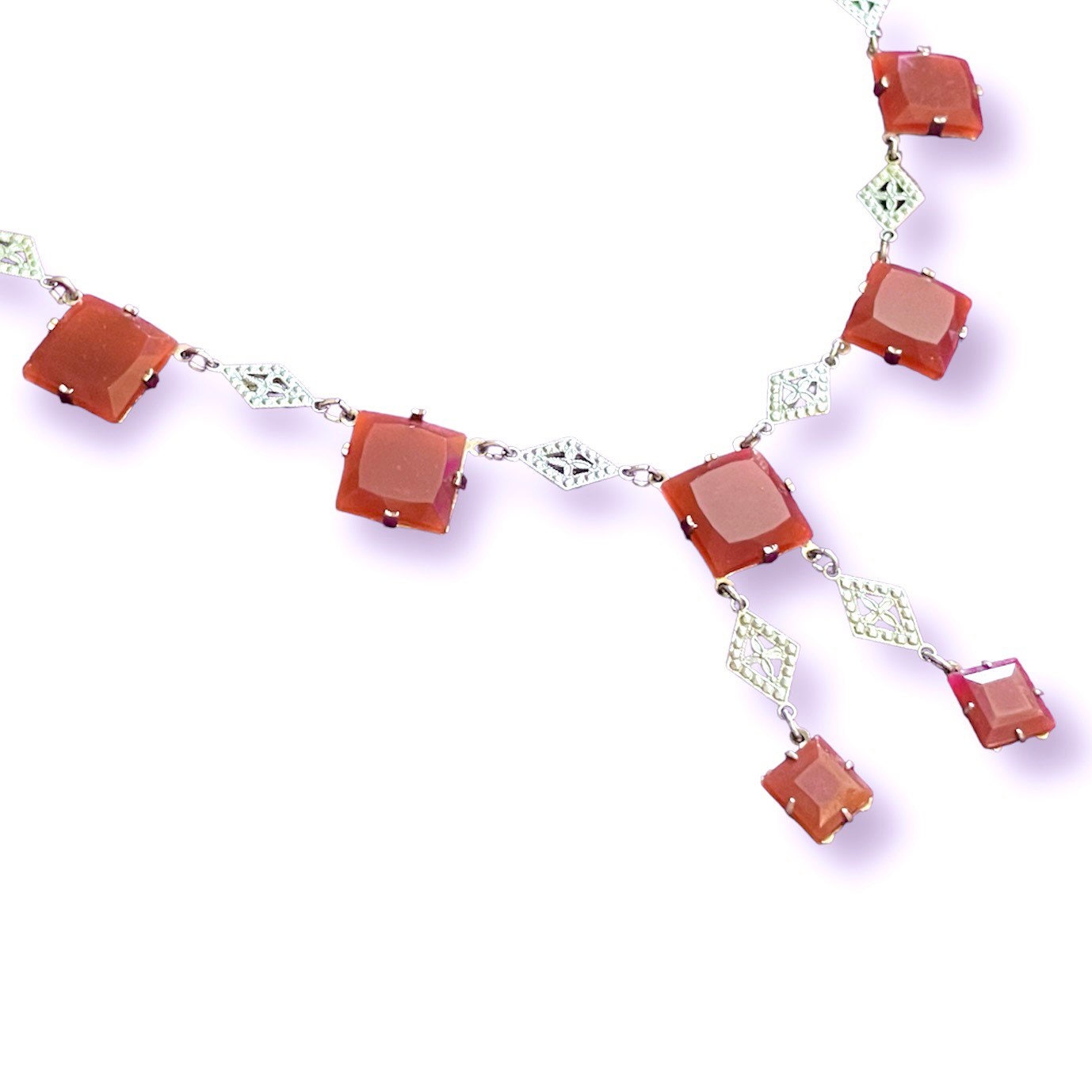 Vintage Carnelian & Sterling Silver Filigree Y Necklace