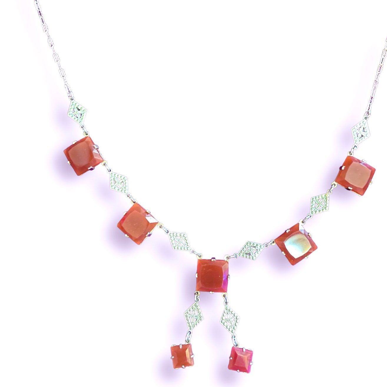 Vintage Carnelian & Sterling Silver Filigree Y Necklace
