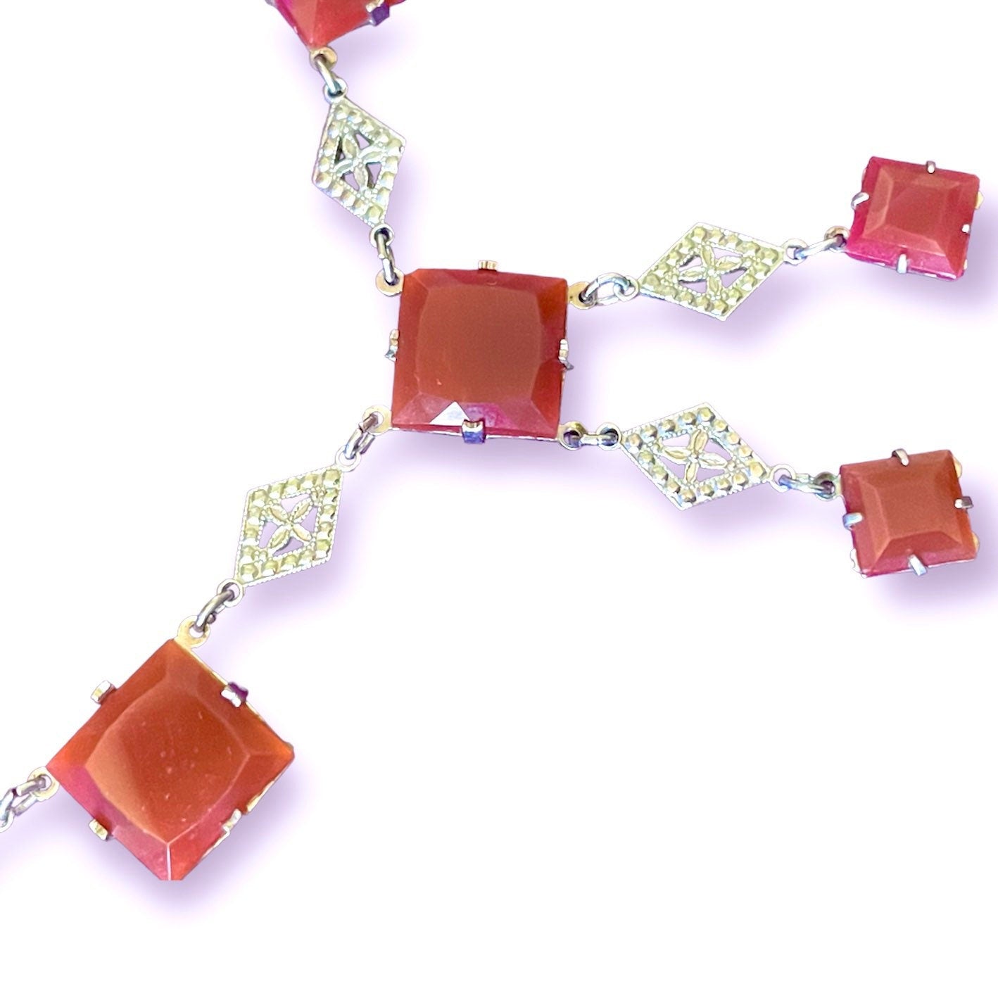 Vintage Carnelian & Sterling Silver Filigree Y Necklace
