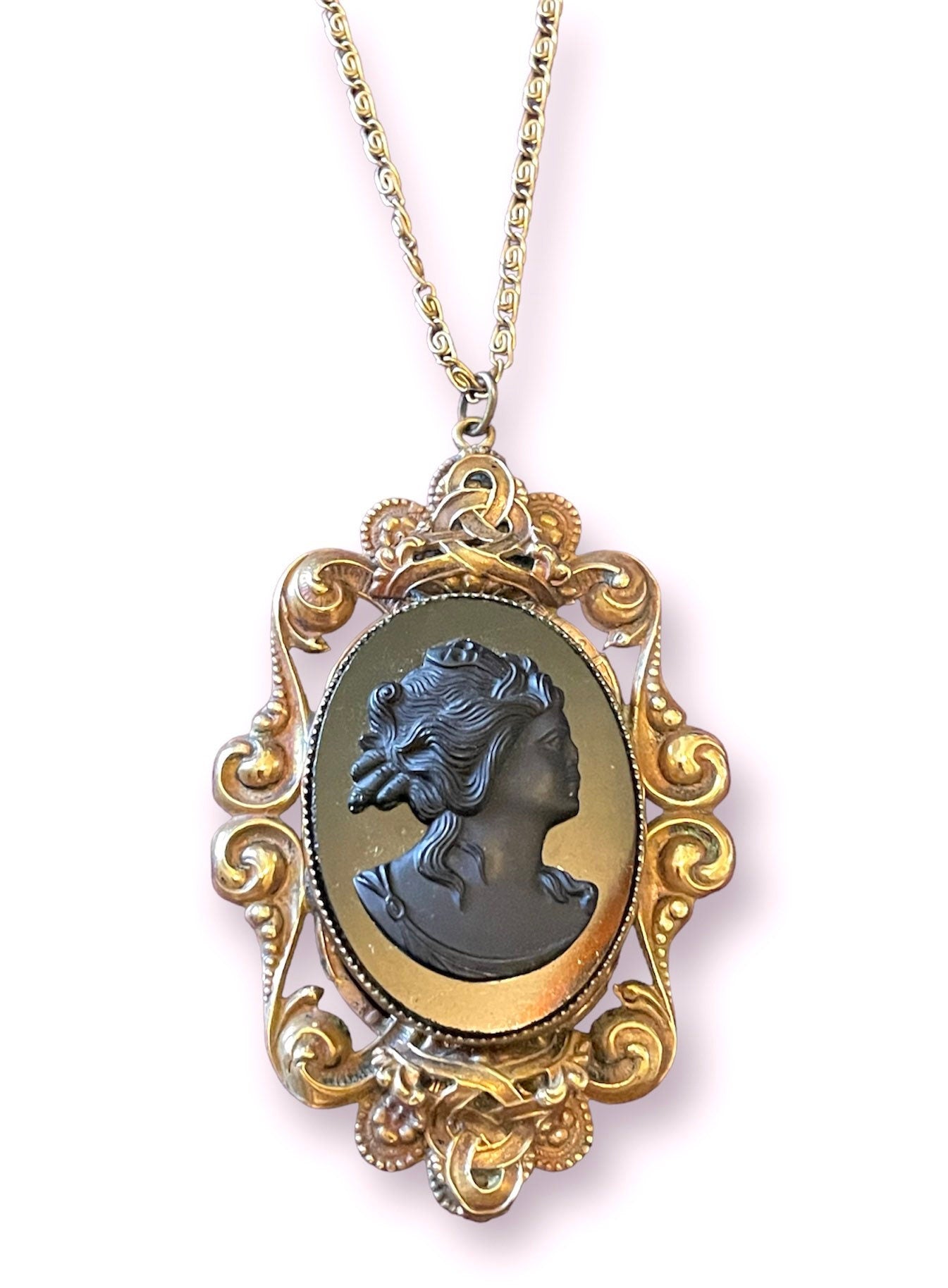 Antique Molded Glass Mourning Cameo Brass Filigree Necklace