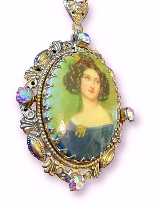Vintage West German Limoge Portrait Cameo Brass Filigree Necklace with Aurora Borealis Crystal & Pearls