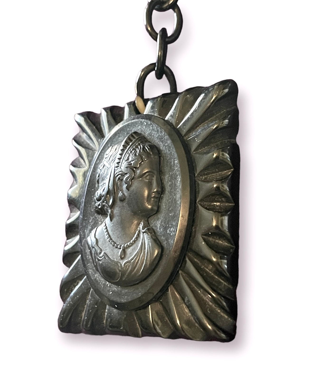 Antique Black Celluloid Mourning Cameo Necklace on Black Celluloid Chain