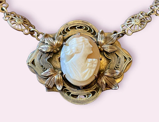 Art Nouveau Leaf Design Carved Shell Cameo Brass Necklace