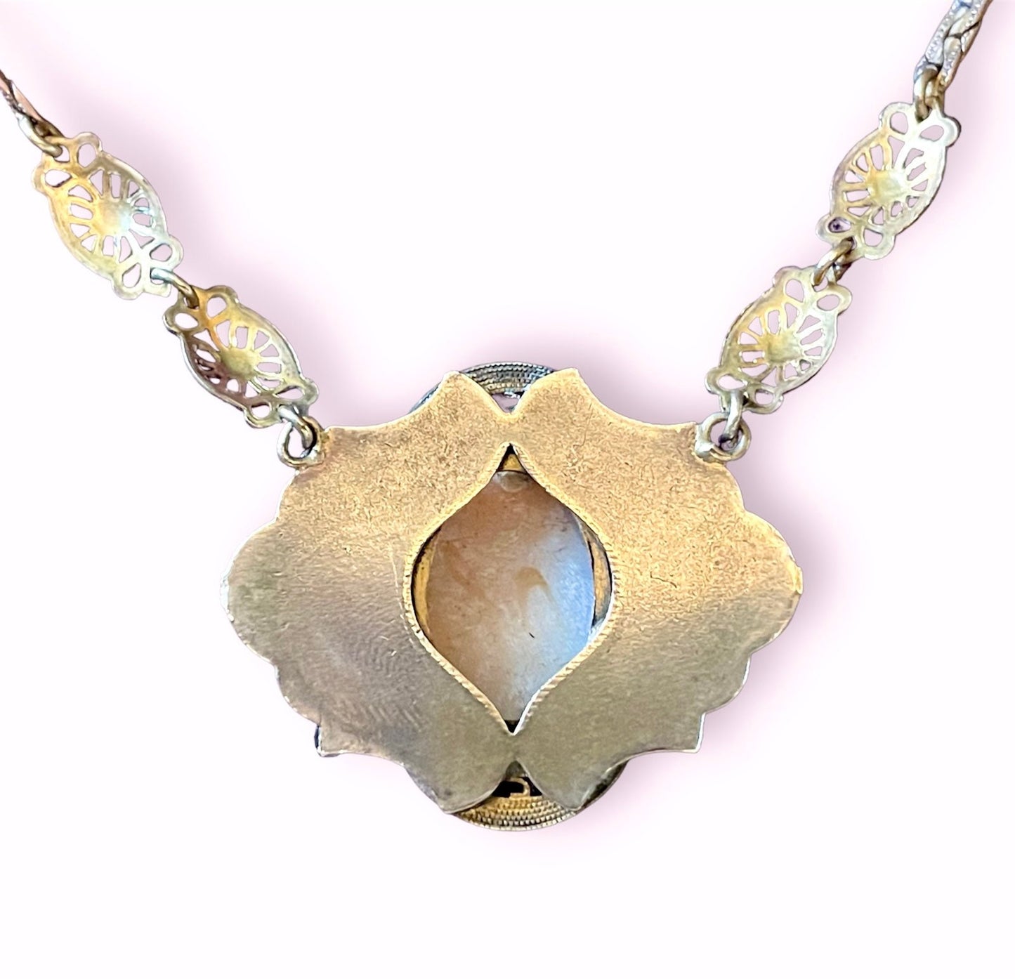 Art Nouveau Leaf Design Carved Shell Cameo Brass Necklace