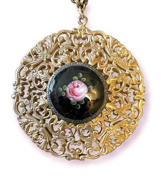 Art Nouveau Black & Pink Cloisonné Rose Cameo Heavy Brass Filigree Necklace