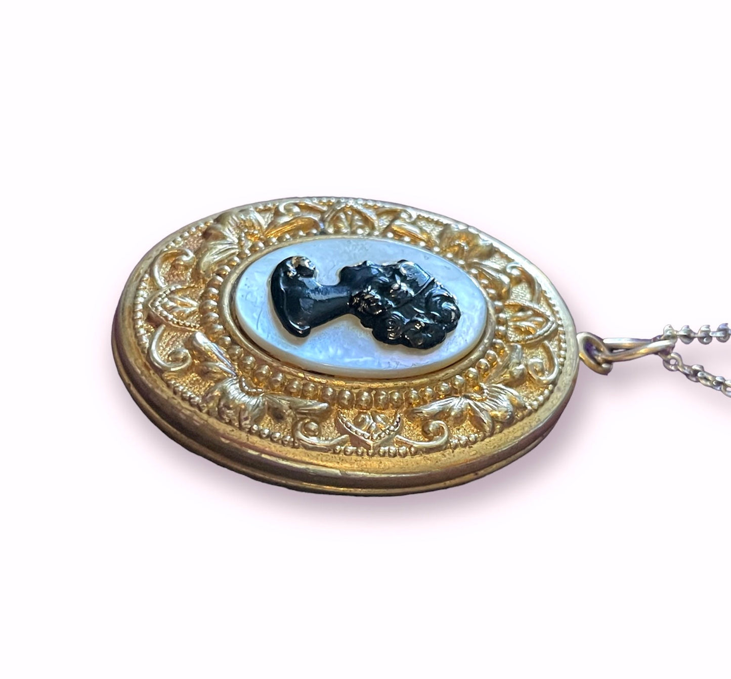 Vintage Mother of Pearl & Black Cameo Gold Embossed Locket Necklace