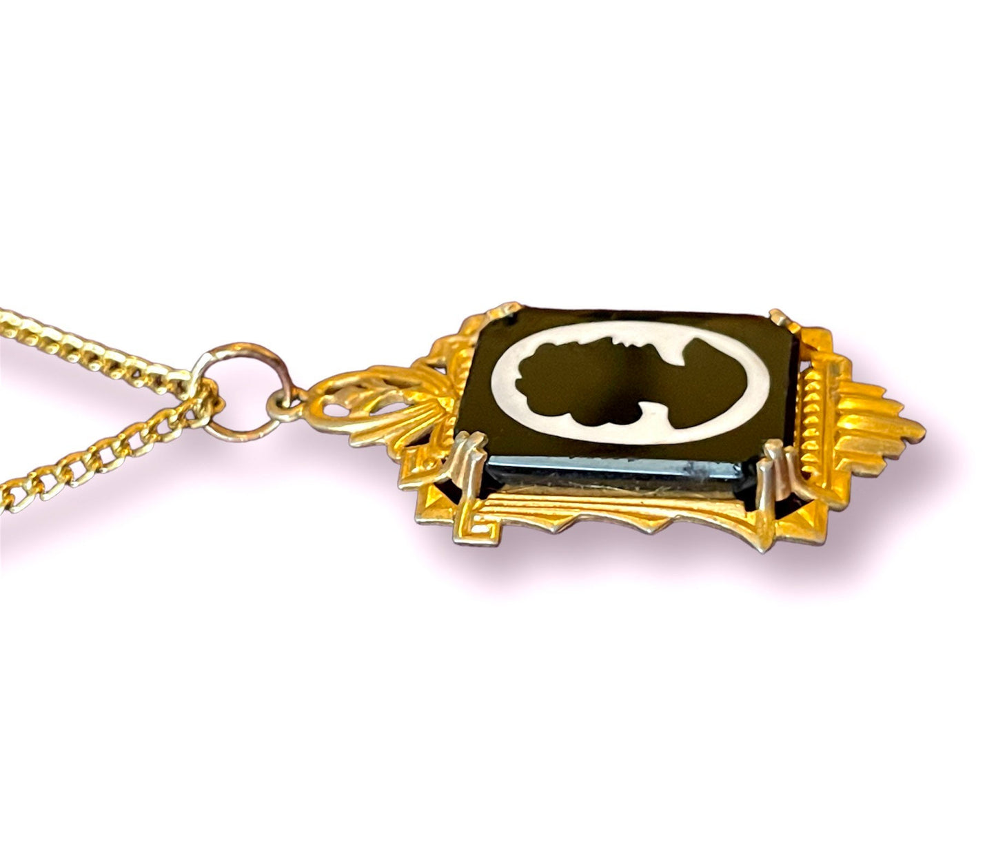 Black & White Glass Shadow Box Silhouette Portrait Cameo Necklace in Gold Art Deco Style Setting