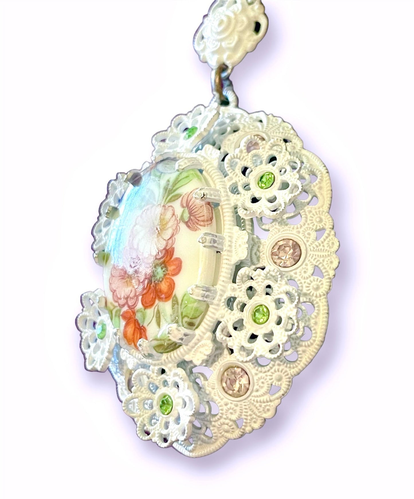 White Enamel West German Fruit Salad Pink & Green Crystal Floral Bouquet Limoge Cameo Necklace